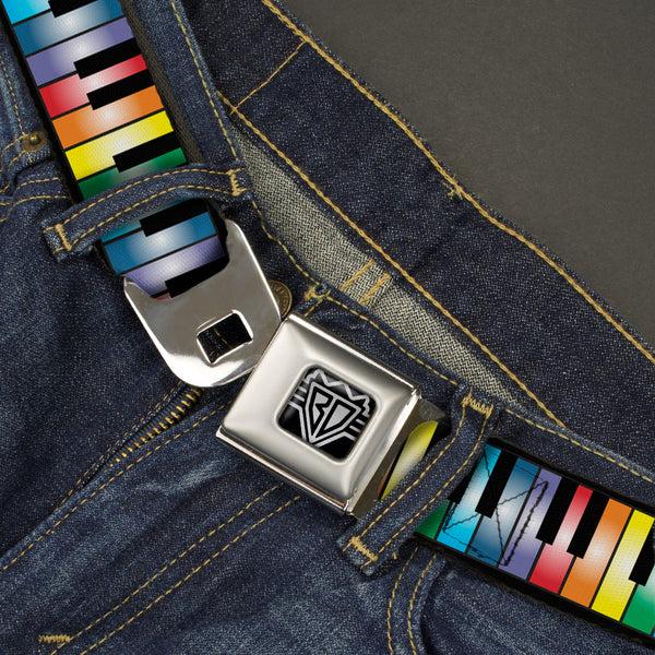 Buckle-Down BD Wings Logo CLOSE-UP Full Color Black Silver Seatbelt Belt - Piano Keys Rainbow Webbing