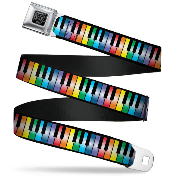 Buckle-Down BD Wings Logo CLOSE-UP Full Color Black Silver Seatbelt Belt - Piano Keys Rainbow Webbing