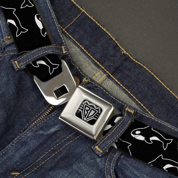 Buckle-Down BD Wings Logo CLOSE-UP Full Color Black Silver Seatbelt Belt - Killer Whales Black/White Webbing