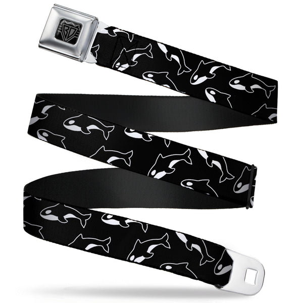 Buckle-Down BD Wings Logo CLOSE-UP Full Color Black Silver Seatbelt Belt - Killer Whales Black/White Webbing