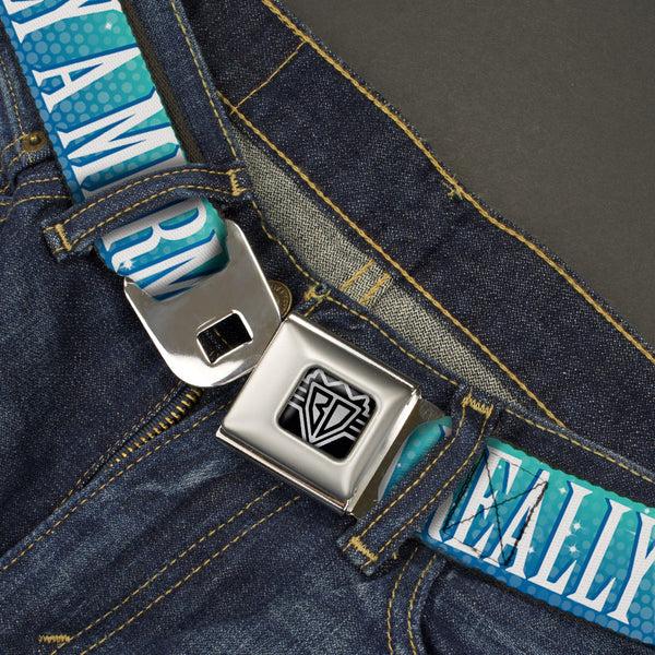 Buckle-Down BD Wings Logo CLOSE-UP Full Color Black Silver Seatbelt Belt - I'M REALLY A MERMAID Sparkle Turquoise Blues/White Webbing