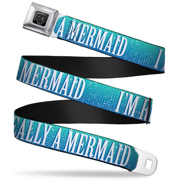 Buckle-Down BD Wings Logo CLOSE-UP Full Color Black Silver Seatbelt Belt - I'M REALLY A MERMAID Sparkle Turquoise Blues/White Webbing