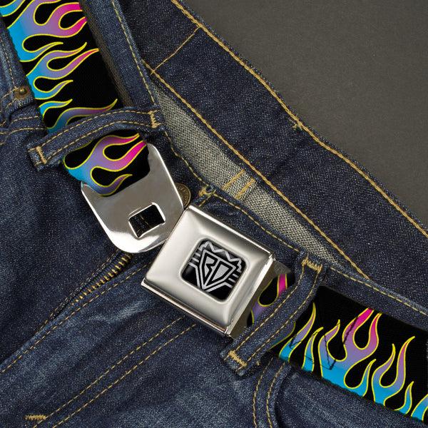 Buckle-Down BD Wings Logo CLOSE-UP Full Color Black Silver Seatbelt Belt - Flames Black/Blue/Pink Webbing