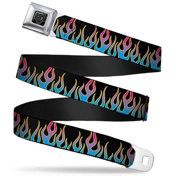 Buckle-Down BD Wings Logo CLOSE-UP Full Color Black Silver Seatbelt Belt - Flames Black/Blue/Pink Webbing
