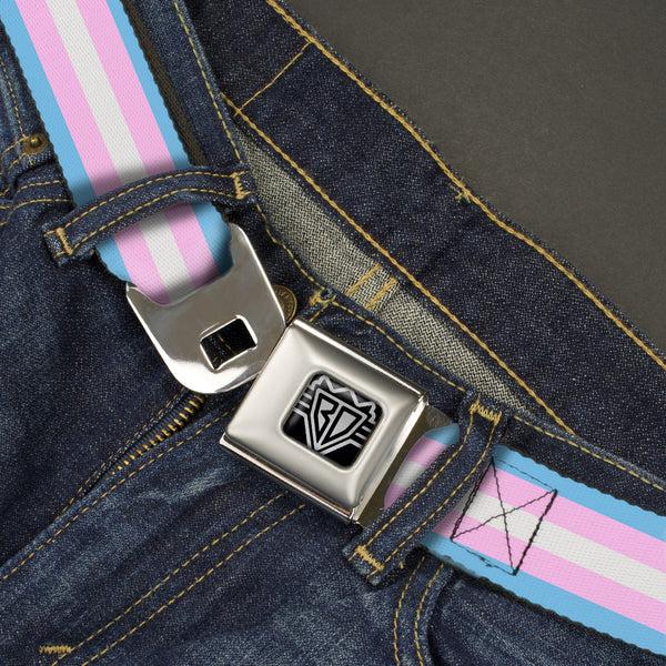 Buckle-Down BD Wings Logo CLOSE-UP Full Color Black Silver Seatbelt Belt - Flag Transgender Baby Blue/Baby Pink/White Webbing