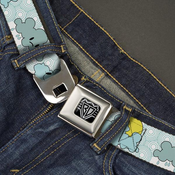 Buckle-Down BD Wings Logo CLOSE-UP Full Color Black Silver Seatbelt Belt - Cloudy Skies Rain Clouds White/Blues Webbing