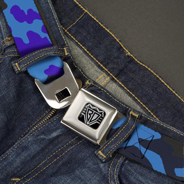 Buckle-Down BD Wings Logo CLOSE-UP Full Color Black Silver Seatbelt Belt - Camo Blue Webbing