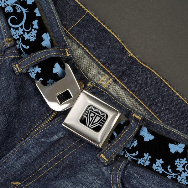 Buckle-Down BD Wings Logo CLOSE-UP Full Color Black Silver Seatbelt Belt - Butterfly Garden Black/Blue Webbing