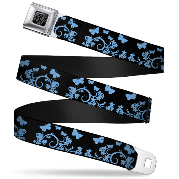 Buckle-Down BD Wings Logo CLOSE-UP Full Color Black Silver Seatbelt Belt - Butterfly Garden Black/Blue Webbing
