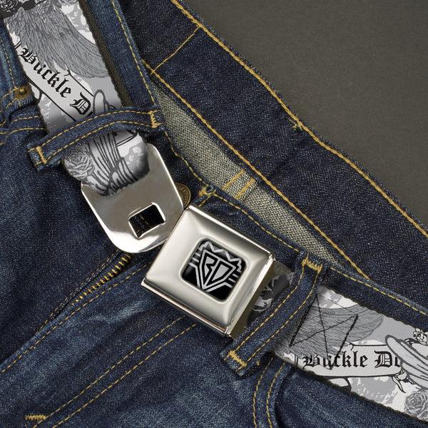 Buckle-Down BD Wings Logo CLOSE-UP Full Color Black Silver Seatbelt Belt - BD Skull W/Roses Webbing