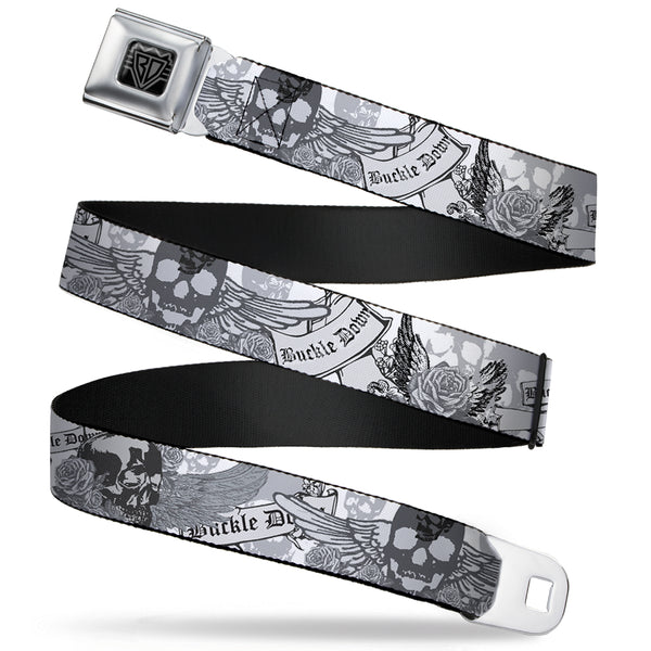 Buckle-Down BD Wings Logo CLOSE-UP Full Color Black Silver Seatbelt Belt - BD Skull w/Roses Webbing