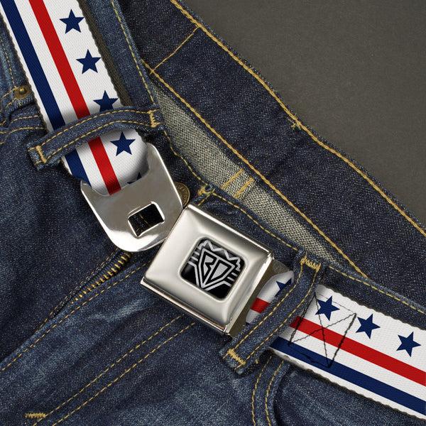 Buckle-Down BD Wings Logo CLOSE-UP Full Color Black Silver Seatbelt Belt - Americana Stars & Stripes7 White/Blue/Red Webbing