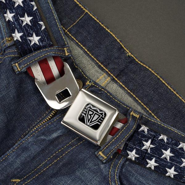 Buckle-Down BD Wings Logo CLOSE-UP Full Color Black Silver Seatbelt Belt - Americana Rustic Stars & Stripes Webbing
