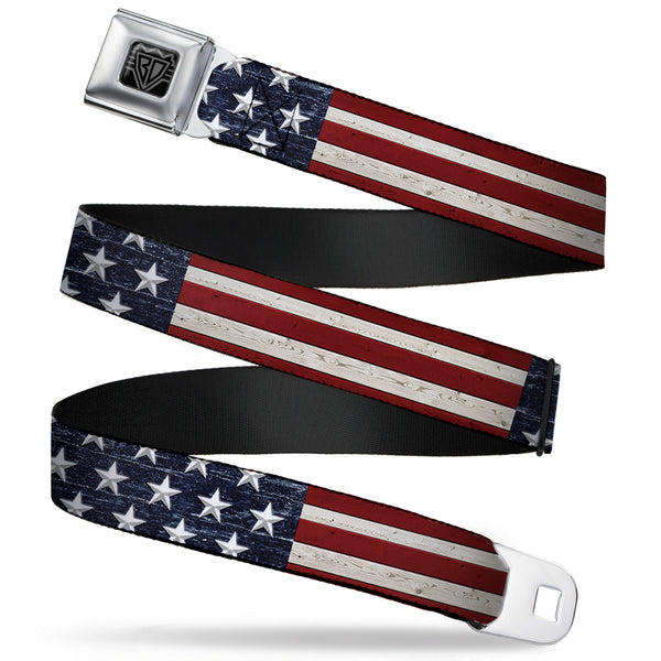 Buckle-Down BD Wings Logo CLOSE-UP Full Color Black Silver Seatbelt Belt - Americana Rustic Stars & Stripes Webbing
