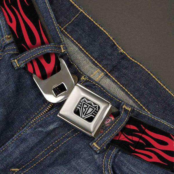 Buckle-Down BD Wings Logo CLOSE-UP Full Color Black Silver Seatbelt Belt - Flame Red Webbing