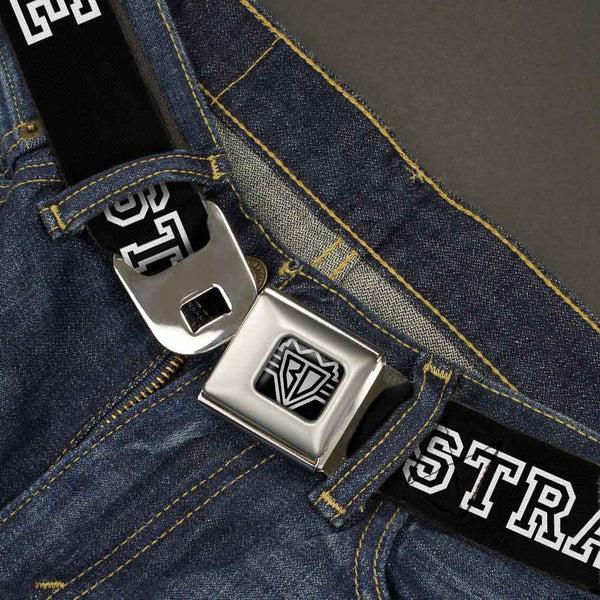 Buckle-Down BD Wings Logo CLOSE-UP Full Color Black Silver Seatbelt Belt - STRAIGHT EDGE Black/White Webbing