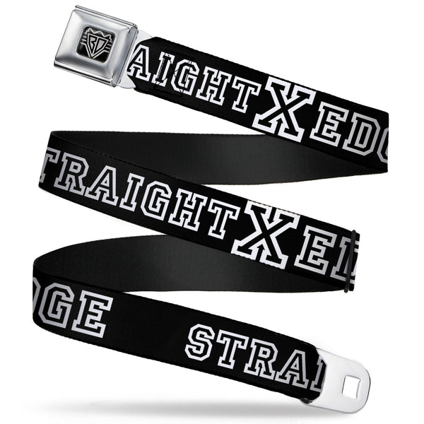 Buckle-Down BD Wings Logo CLOSE-UP Full Color Black Silver Seatbelt Belt - STRAIGHT EDGE Black/White Webbing