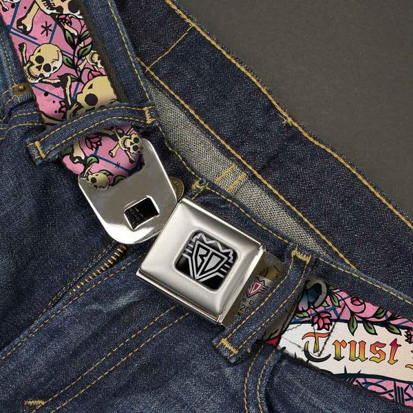 Buckle-Down BD Wings Logo CLOSE-UP Full Color Black Silver Seatbelt Belt - Trust No One Pink Webbing