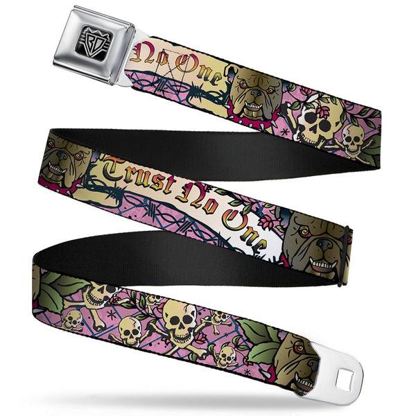 Buckle-Down BD Wings Logo CLOSE-UP Full Color Black Silver Seatbelt Belt - Trust No One Pink Webbing