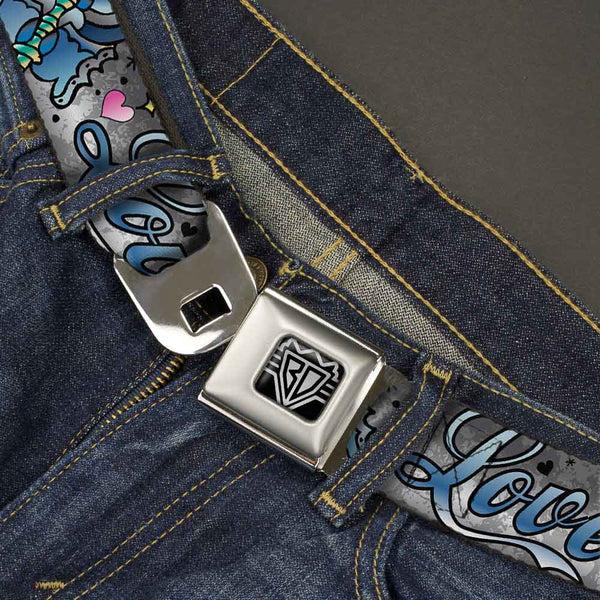 Buckle-Down BD Wings Logo CLOSE-UP Full Color Black Silver Seatbelt Belt - Love Love Gray Webbing