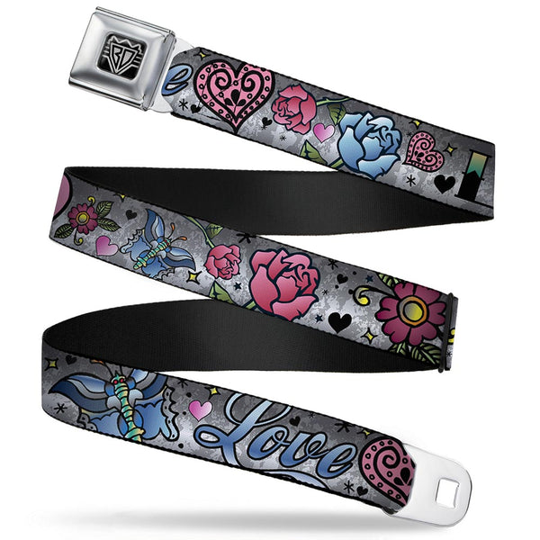 Buckle-Down BD Wings Logo CLOSE-UP Full Color Black Silver Seatbelt Belt - Love Love Gray Webbing