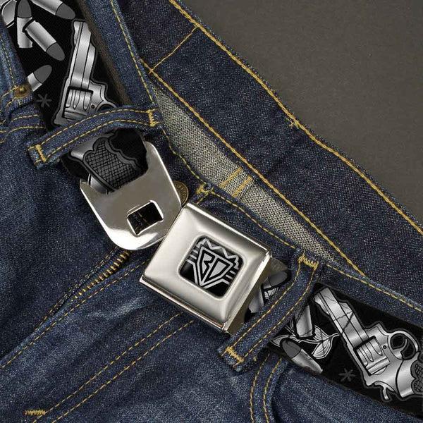 Buckle-Down BD Wings Logo CLOSE-UP Full Color Black Silver Seatbelt Belt - Born To Raise Hell Black/White Webbing