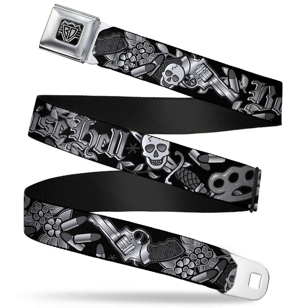 Buckle-Down BD Wings Logo CLOSE-UP Full Color Black Silver Seatbelt Belt - Born to Raise Hell Black/White Webbing
