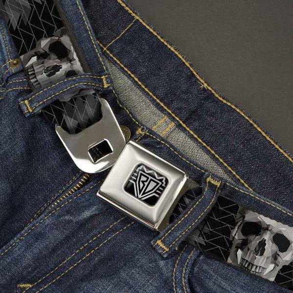 Buckle-Down BD Wings Logo CLOSE-UP Full Color Black Silver Seatbelt Belt - Geometric 3-D Skull Face/Chevron Black/Grays/White Webbing