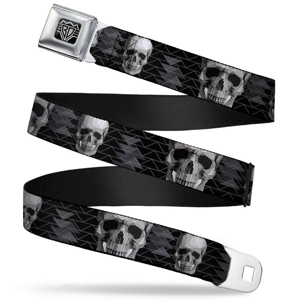 Buckle-Down BD Wings Logo CLOSE-UP Full Color Black Silver Seatbelt Belt - Geometric 3-D Skull Face/Chevron Black/Grays/White Webbing