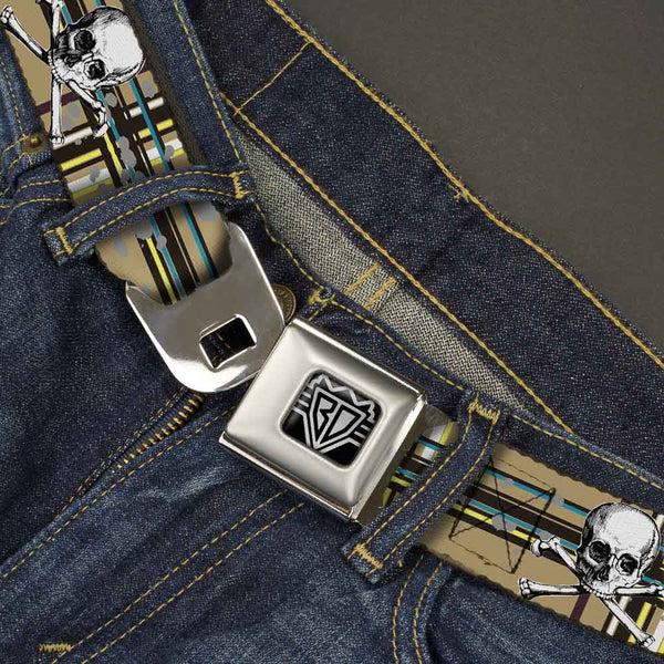 Buckle-Down BD Wings Logo CLOSE-UP Full Color Black Silver Seatbelt Belt - Skull & Cross Bones Plaid Tan Webbing