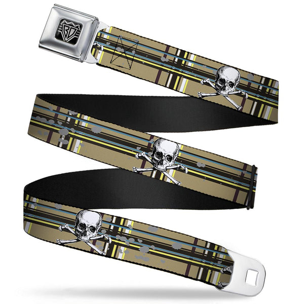 Buckle-Down BD Wings Logo CLOSE-UP Full Color Black Silver Seatbelt Belt - Skull & Cross Bones Plaid Tan Webbing