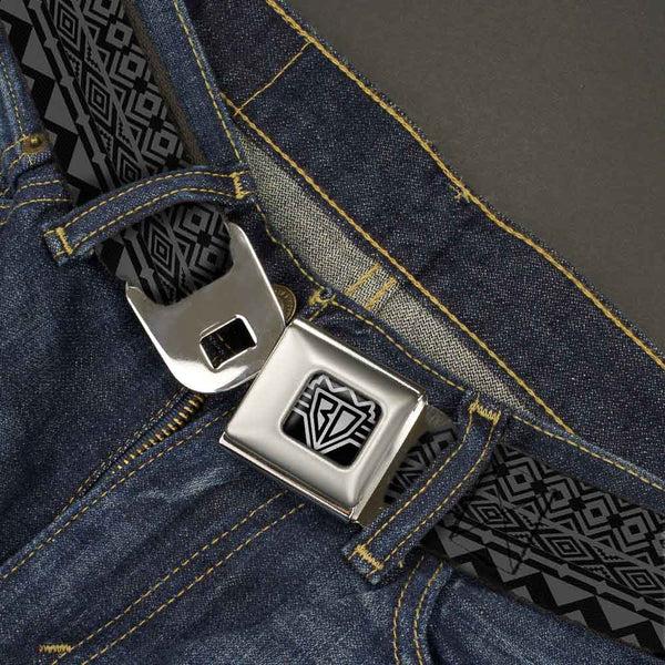 Buckle-Down BD Wings Logo CLOSE-UP Full Color Black Silver Seatbelt Belt - Aztec1 Gray/Black Webbing