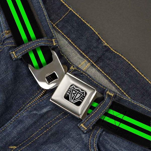 Buckle-Down BD Wings Logo CLOSE-UP Full Color Black Silver Seatbelt Belt - Stripe Black/Green Webbing