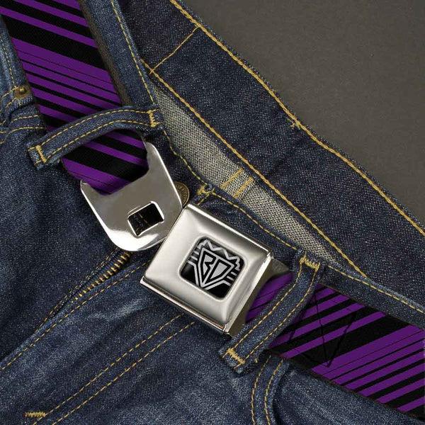 Buckle-Down BD Wings Logo CLOSE-UP Full Color Black Silver Seatbelt Belt - Diagonal Stripes Black/Purple Webbing
