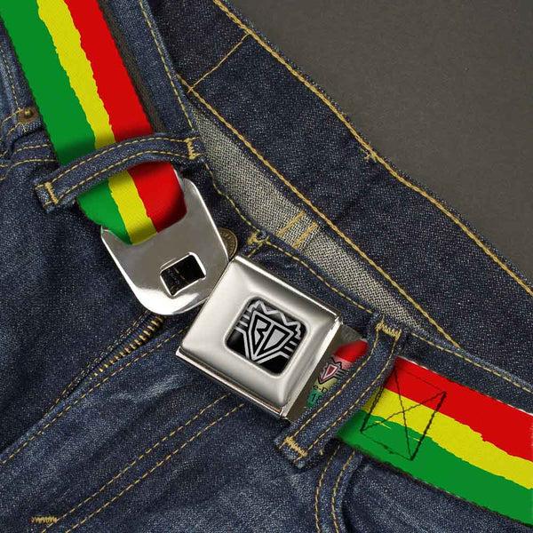 Buckle-Down BD Wings Logo CLOSE-UP Full Color Black Silver Seatbelt Belt - Rasta Stripes Painted Green/Yellow/Red Webbing