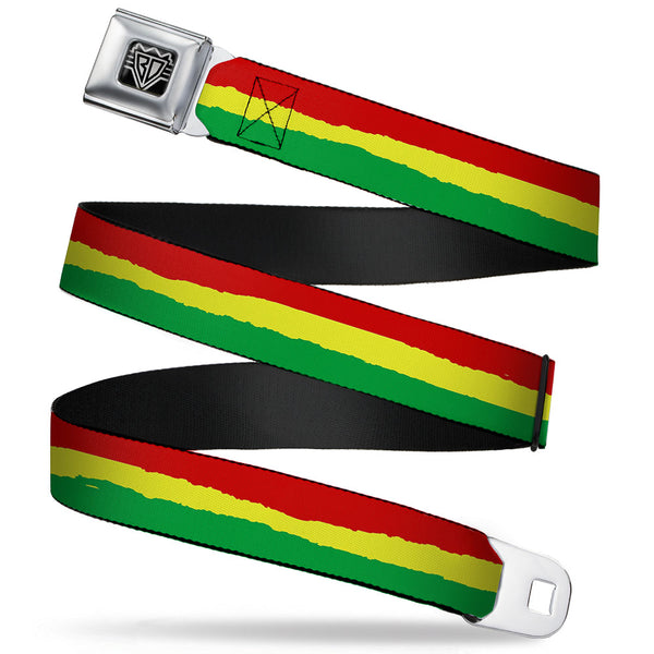Buckle-Down BD Wings Logo CLOSE-UP Full Color Black Silver Seatbelt Belt - Rasta Stripes Painted Green/Yellow/Red Webbing