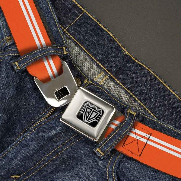 Buckle-Down BD Wings Logo CLOSE-UP Full Color Black Silver Seatbelt Belt - Racing Stripe Orange/White Webbing
