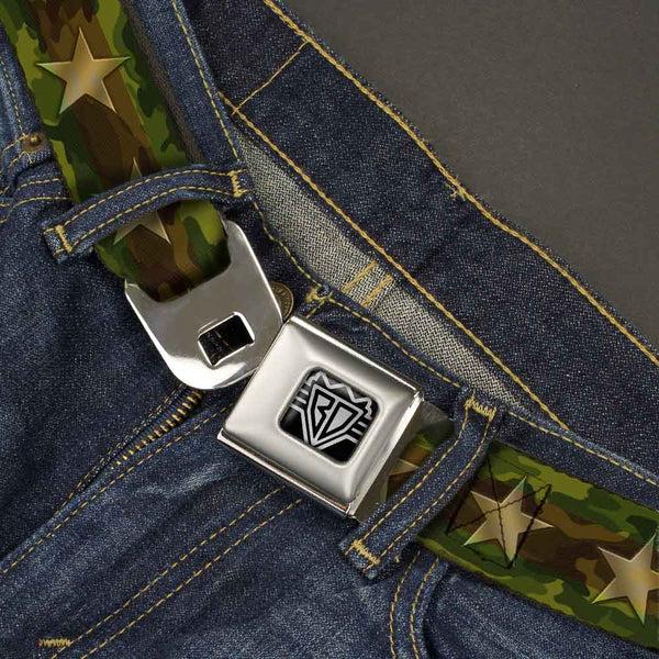 Buckle-Down BD Wings Logo CLOSE-UP Full Color Black Silver Seatbelt Belt - Star Camo Olive/Gold Webbing