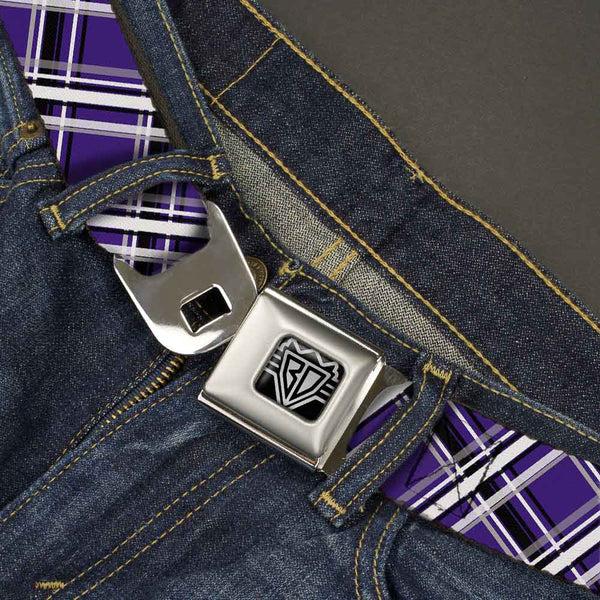 Buckle-Down BD Wings Logo CLOSE-UP Full Color Black Silver Seatbelt Belt - Plaid X2 Purple/Gray/White/Black Webbing