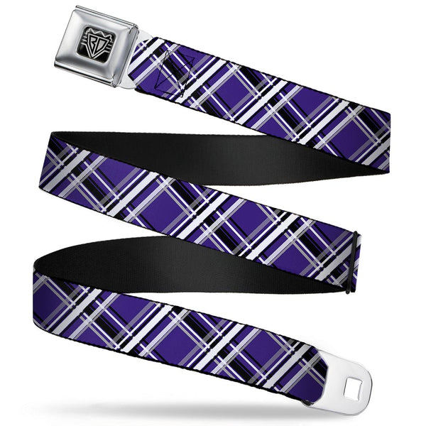 Buckle-Down BD Wings Logo CLOSE-UP Full Color Black Silver Seatbelt Belt - Plaid X2 Purple/Gray/White/Black Webbing