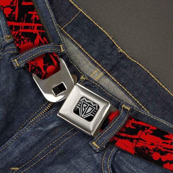 Buckle-Down BD Wings Logo CLOSE-UP Full Color Black Silver Seatbelt Belt - Splatter Black/Red Webbing