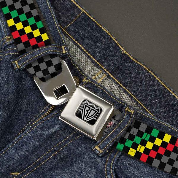 Buckle-Down BD Wings Logo CLOSE-UP Full Color Black Silver Seatbelt Belt - Checker Stripe Black/Gray/Rasta Webbing