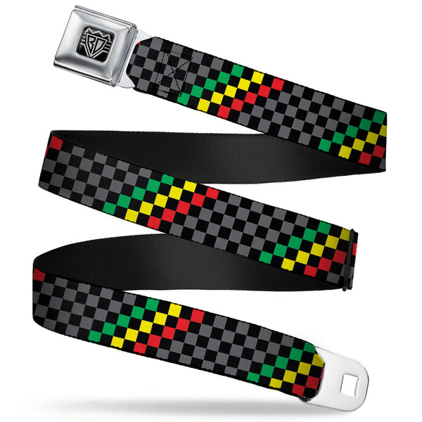 Buckle-Down BD Wings Logo CLOSE-UP Full Color Black Silver Seatbelt Belt - Checker Stripe Black/Gray/Rasta Webbing