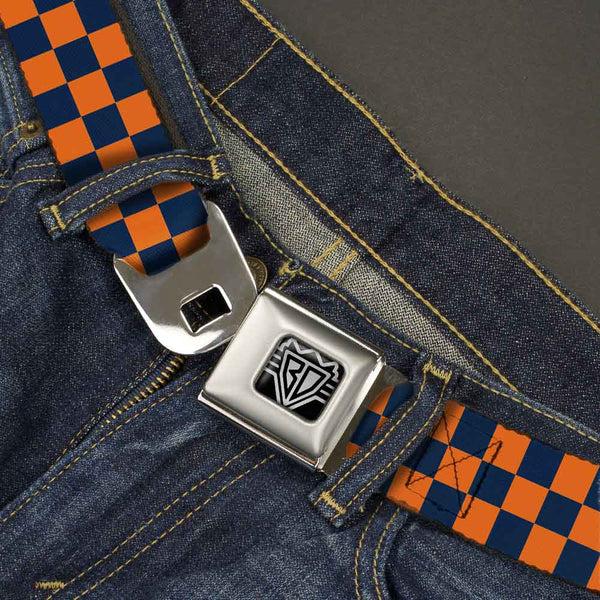 Buckle-Down BD Wings Logo CLOSE-UP Full Color Black Silver Seatbelt Belt - Checker Orange/Dark Blue Webbing