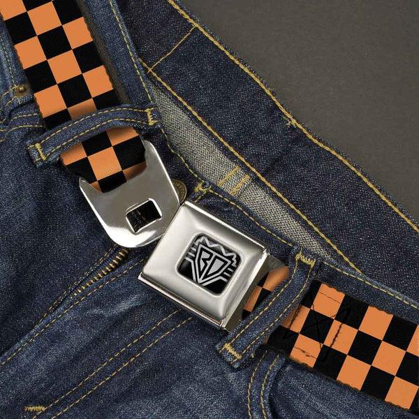 Buckle-Down BD Wings Logo CLOSE-UP Full Color Black Silver Seatbelt Belt - Checker Orange/Blue Webbing