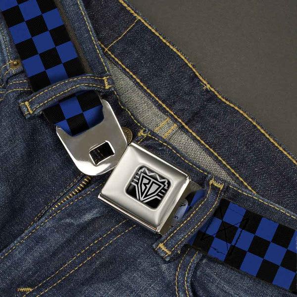 Buckle-Down BD Wings Logo CLOSE-UP Full Color Black Silver Seatbelt Belt - Checker Black/Royal 288C Webbing
