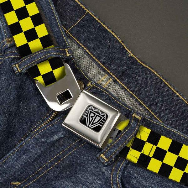 Buckle-Down BD Wings Logo CLOSE-UP Full Color Black Silver Seatbelt Belt - Checker Black/Neon Yellow Webbing