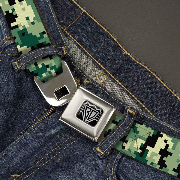 Buckle-Down BD Wings Logo CLOSE-UP Full Color Black Silver Seatbelt Belt - Digital Camo Webbing