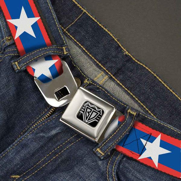 Buckle-Down BD Wings Logo CLOSE-UP Full Color Black Silver Seatbelt Belt - Stars/Stripes Red/Blue/White Webbing