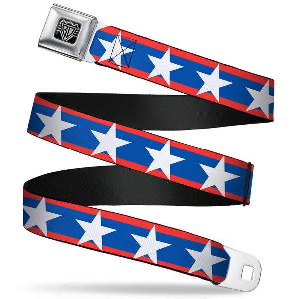 Buckle-Down BD Wings Logo CLOSE-UP Full Color Black Silver Seatbelt Belt - Stars/Stripes Red/Blue/White Webbing